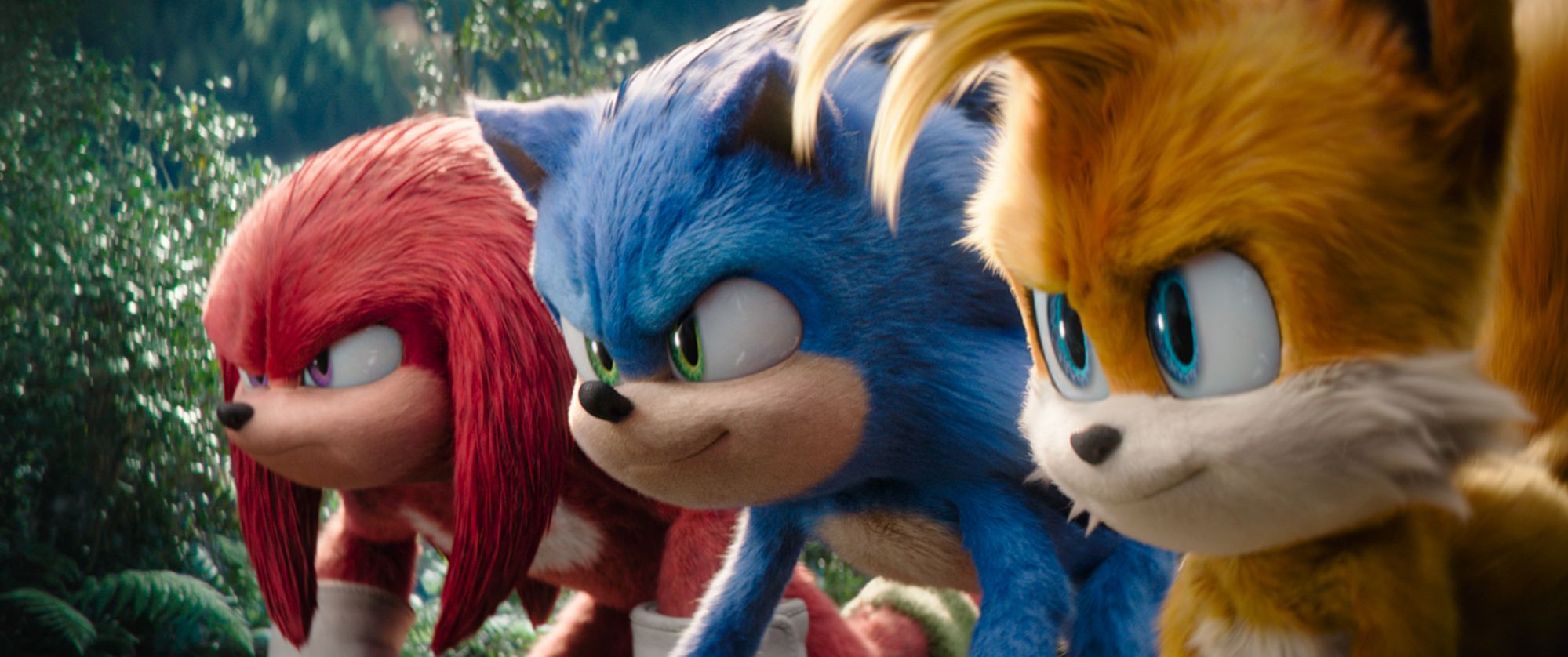 Knuckles (Idris Elba), Sonic (Ben Schwartz) and Tails (Colleen O'Shaughnessey)