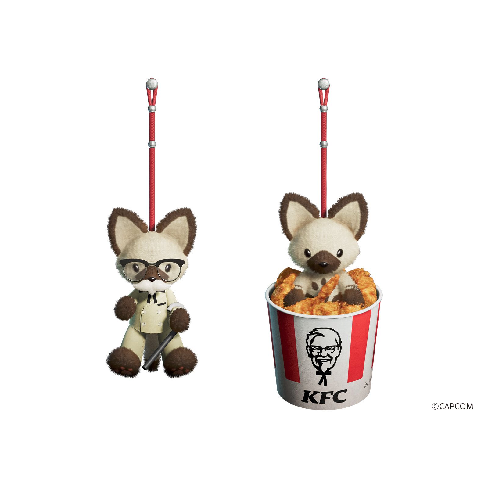Kentucky Fried Chicken x Monster Hunter Wilds: In-Game pendants of a Colonel Sanders Felyne and a KFC Chicken Bucket Felyne