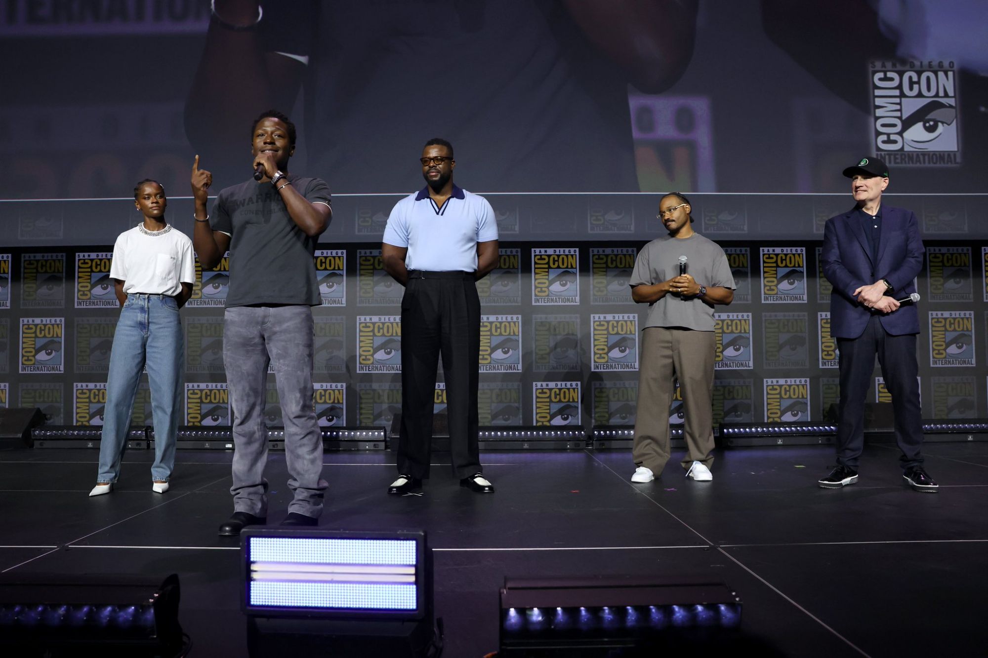 Marvel Studios SDCC: Black Panther 3- Letitia Wright, Winston Duke, Ryan Coogler, Kevin Feige, and David Jonsson (© Marvel Studios)